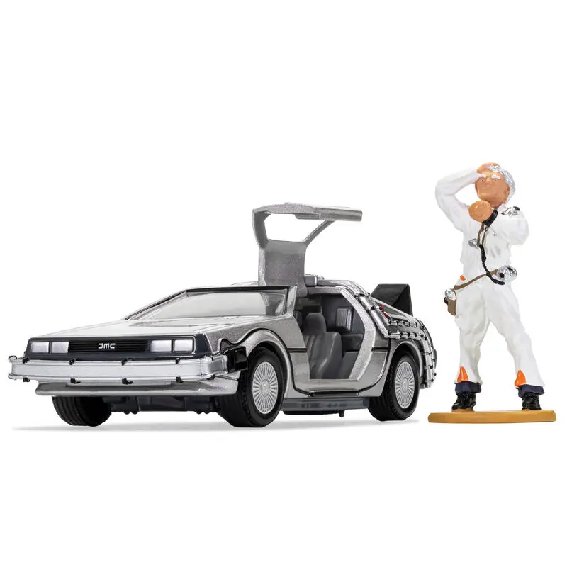 Back to the Future Diecast Model 1/36 DeLorean a figúrka Doc Browna produktová fotografia