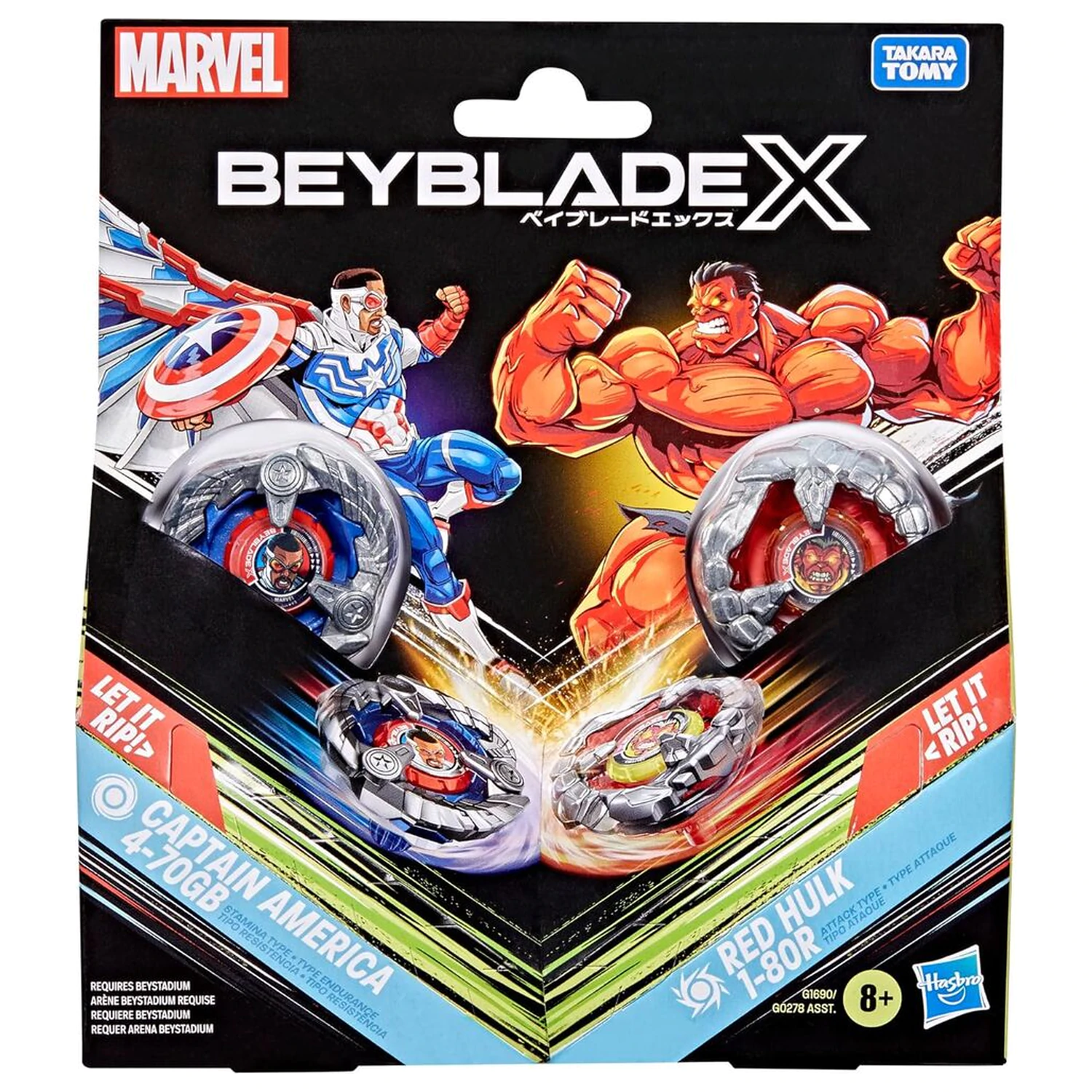 Beyblade X Captain America 4-70GB a Red Hulk 1-80R súprava hier produktová fotografia