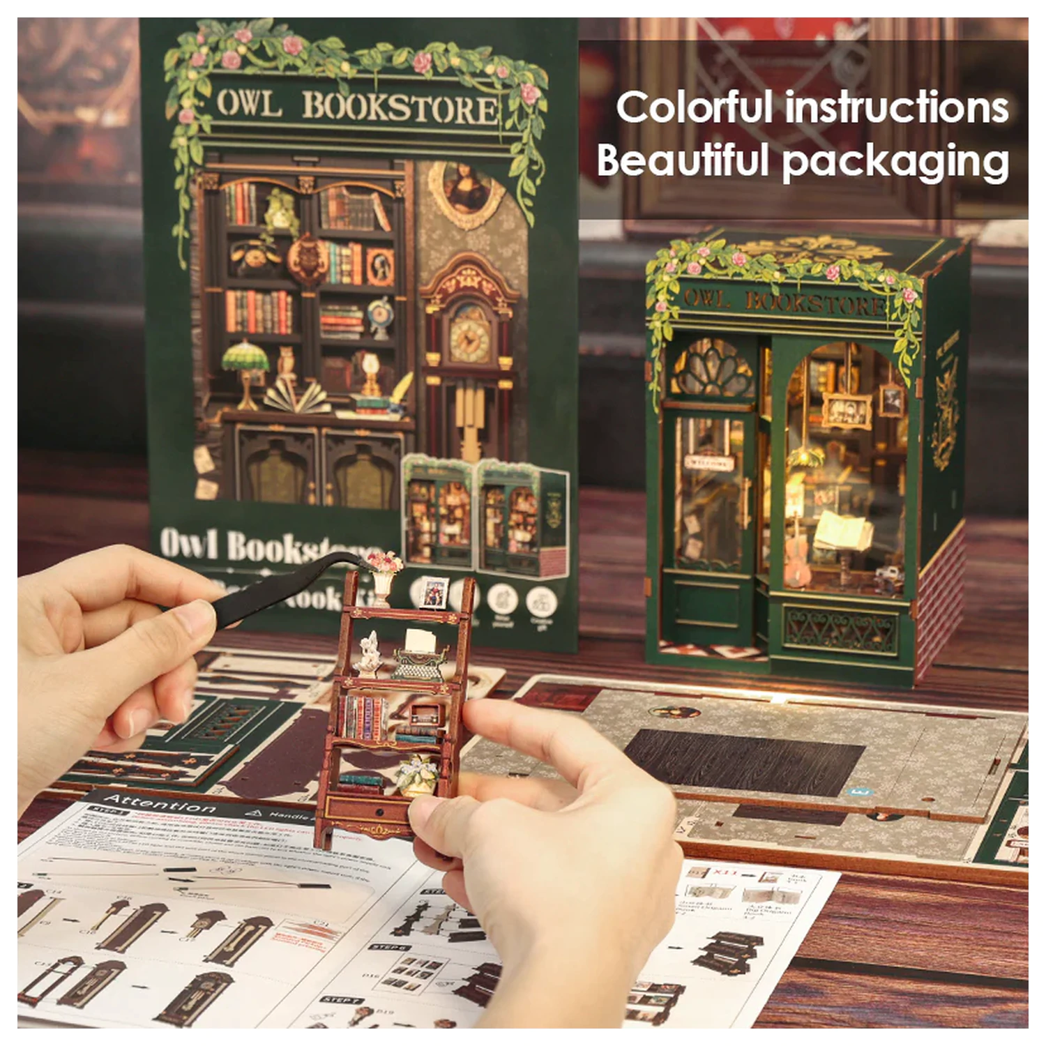 BOOK NOOK KIT DIY Owl Bookstore 139 kusov + LED svetlo stavebnica produktová fotografia