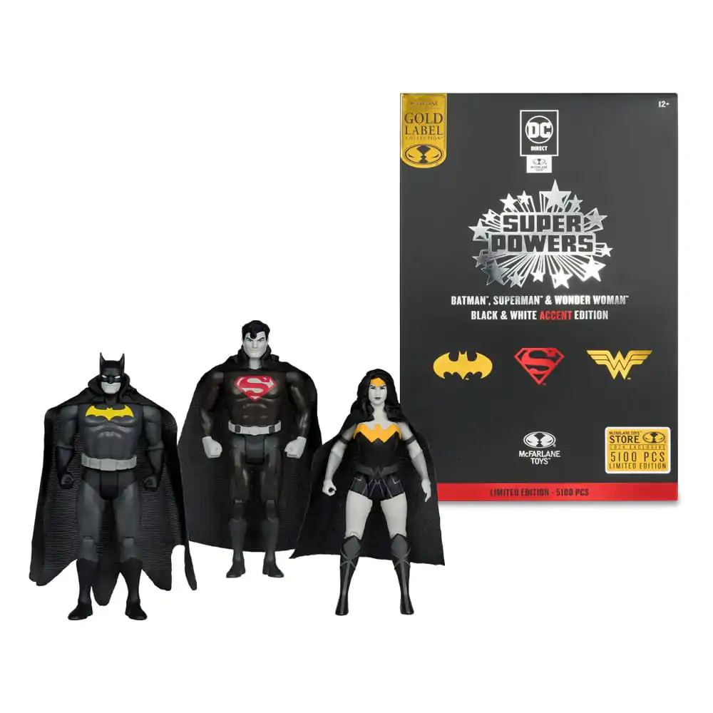 DC Direct Super Powers Action Figures Batman, Superman & Wonder Woman Black & White Accent Edition Gold Label 13 cm akčné figúrky termékfotó