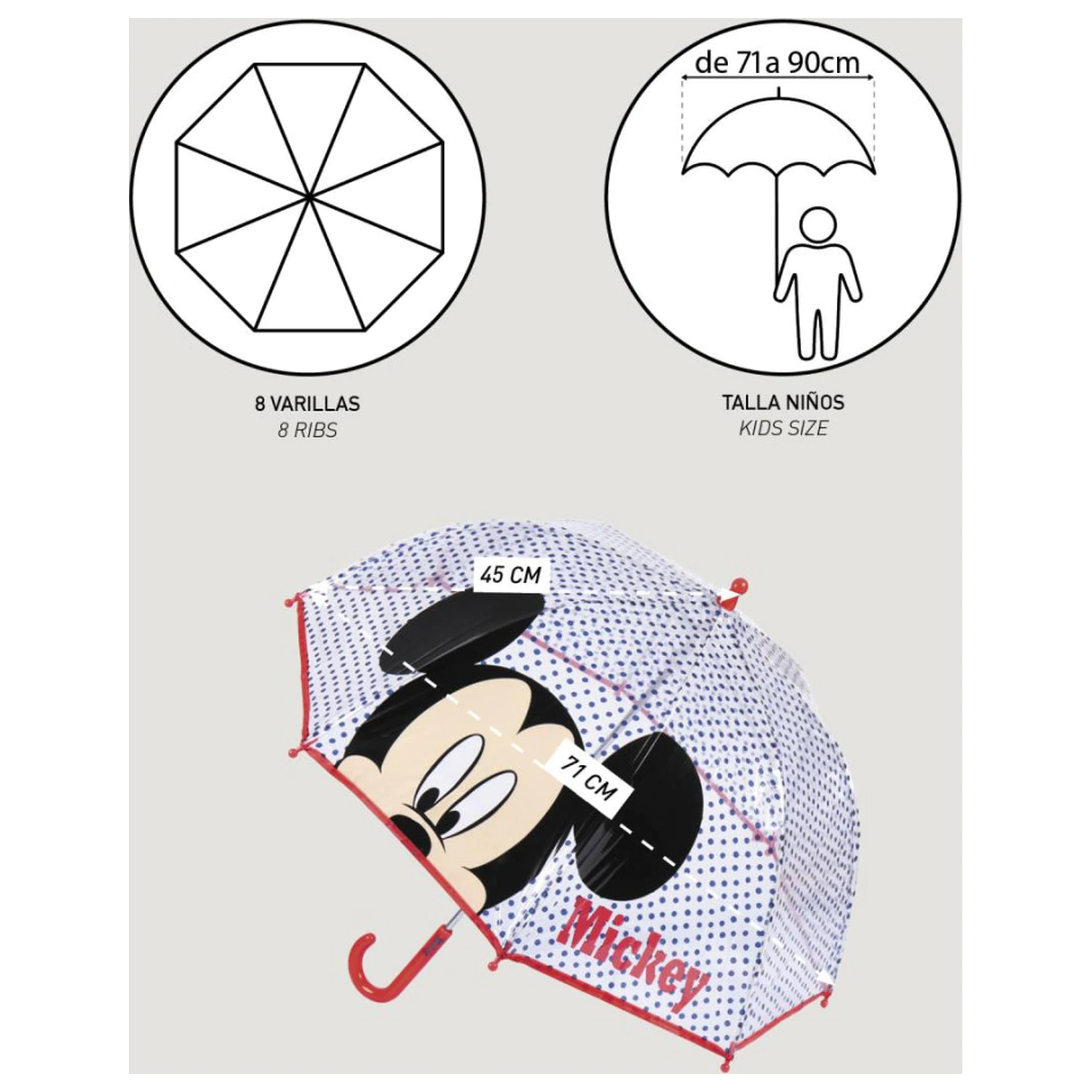 Disney Mickey Modré bodky Detský priesvitný dáždnik produktová fotografia