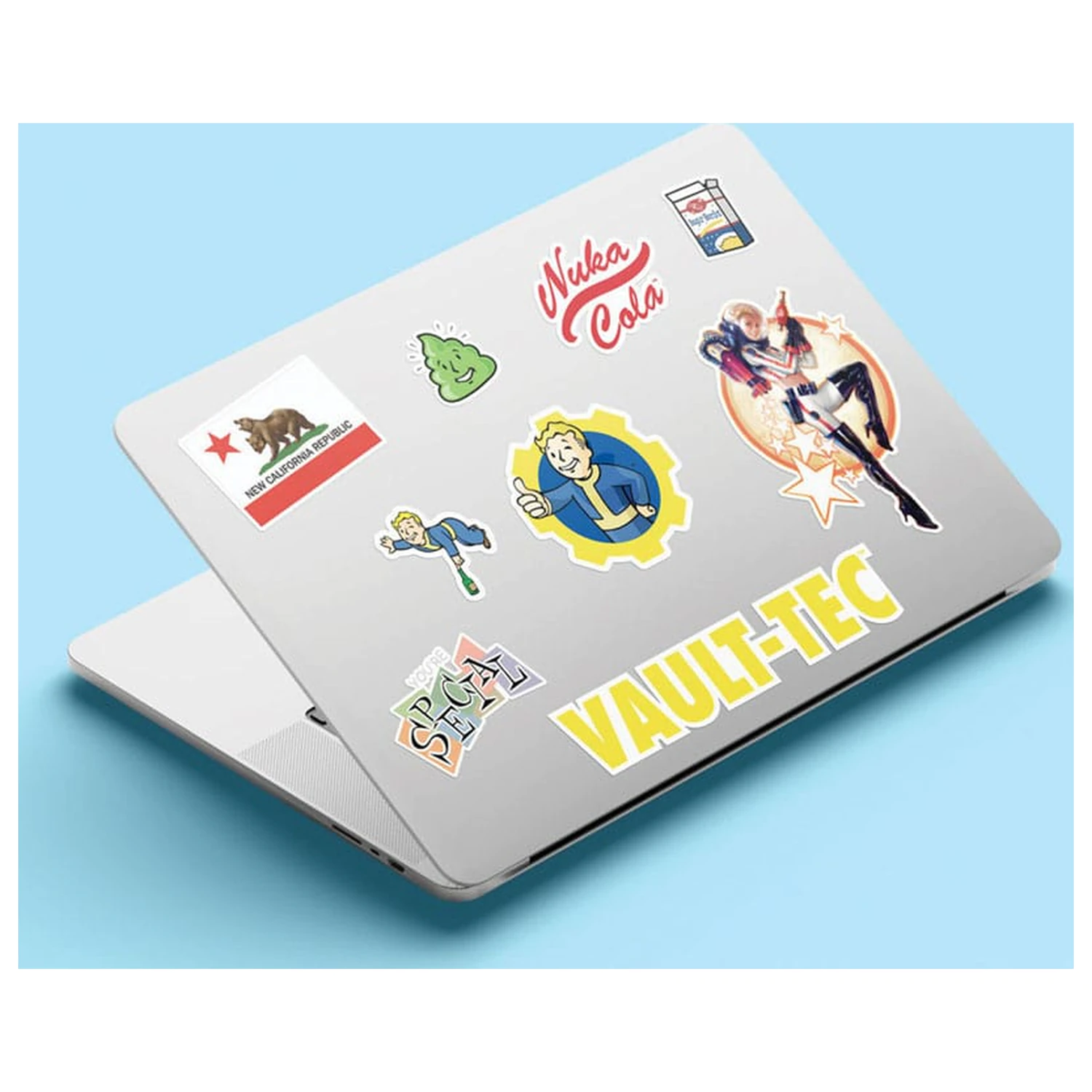 Fallout Tech balenie nálepiek produktová fotografia