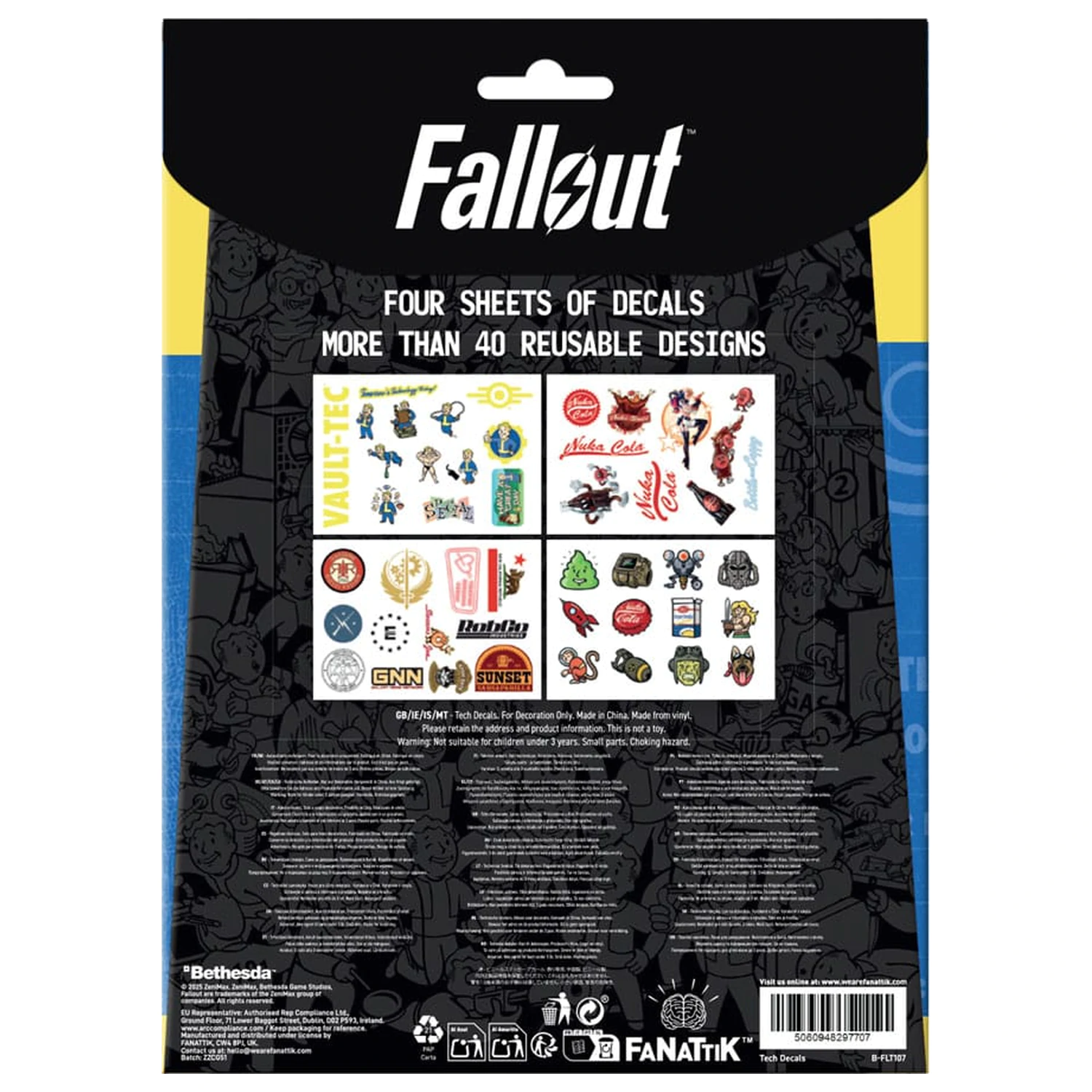 Fallout Tech balenie nálepiek produktová fotografia