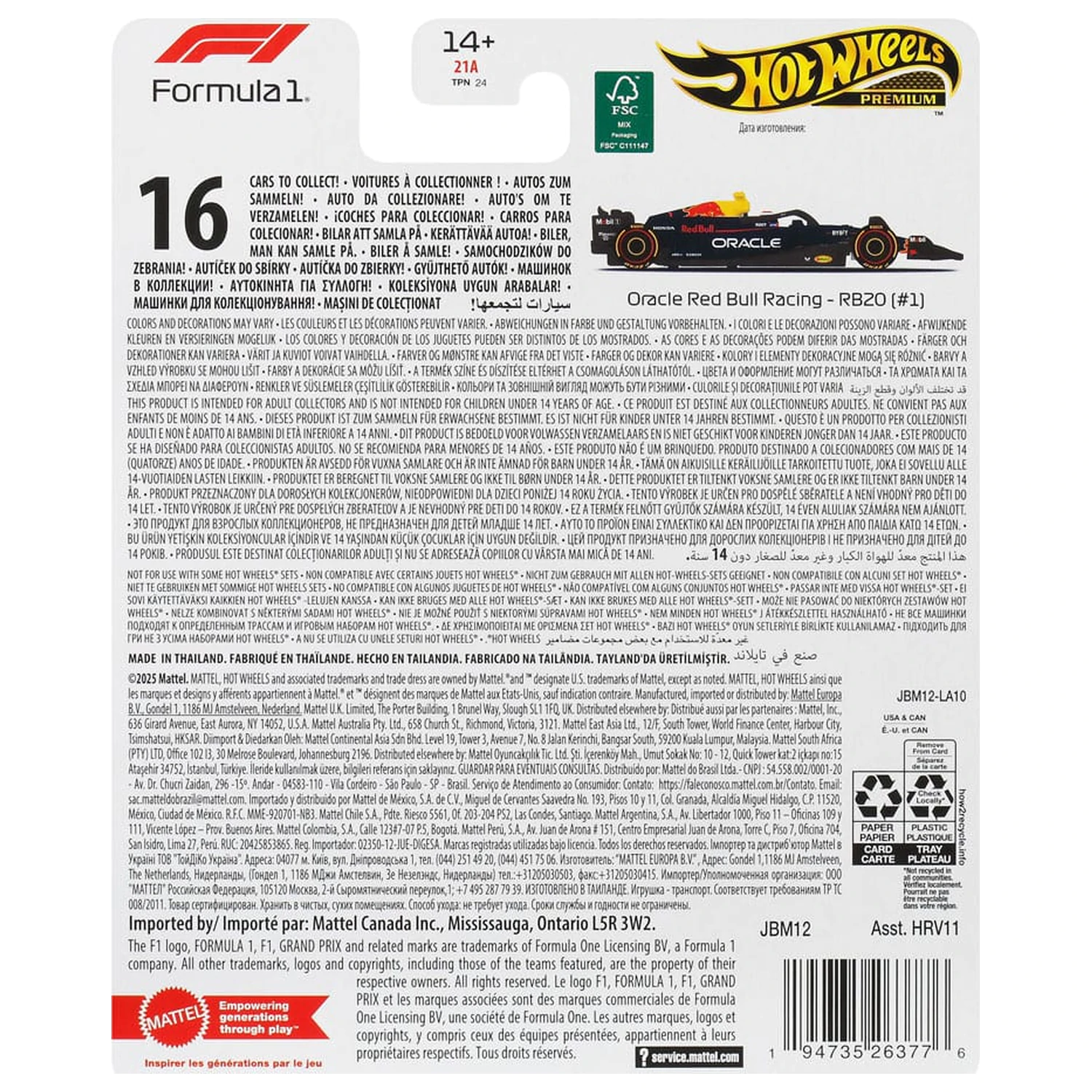 Formula 1 Hot Wheels Prémiové diecast vozidlo 1/64 Oracle Red Bull Racing RB20 (#1) (Max Verstappen 2024) produktová fotografia