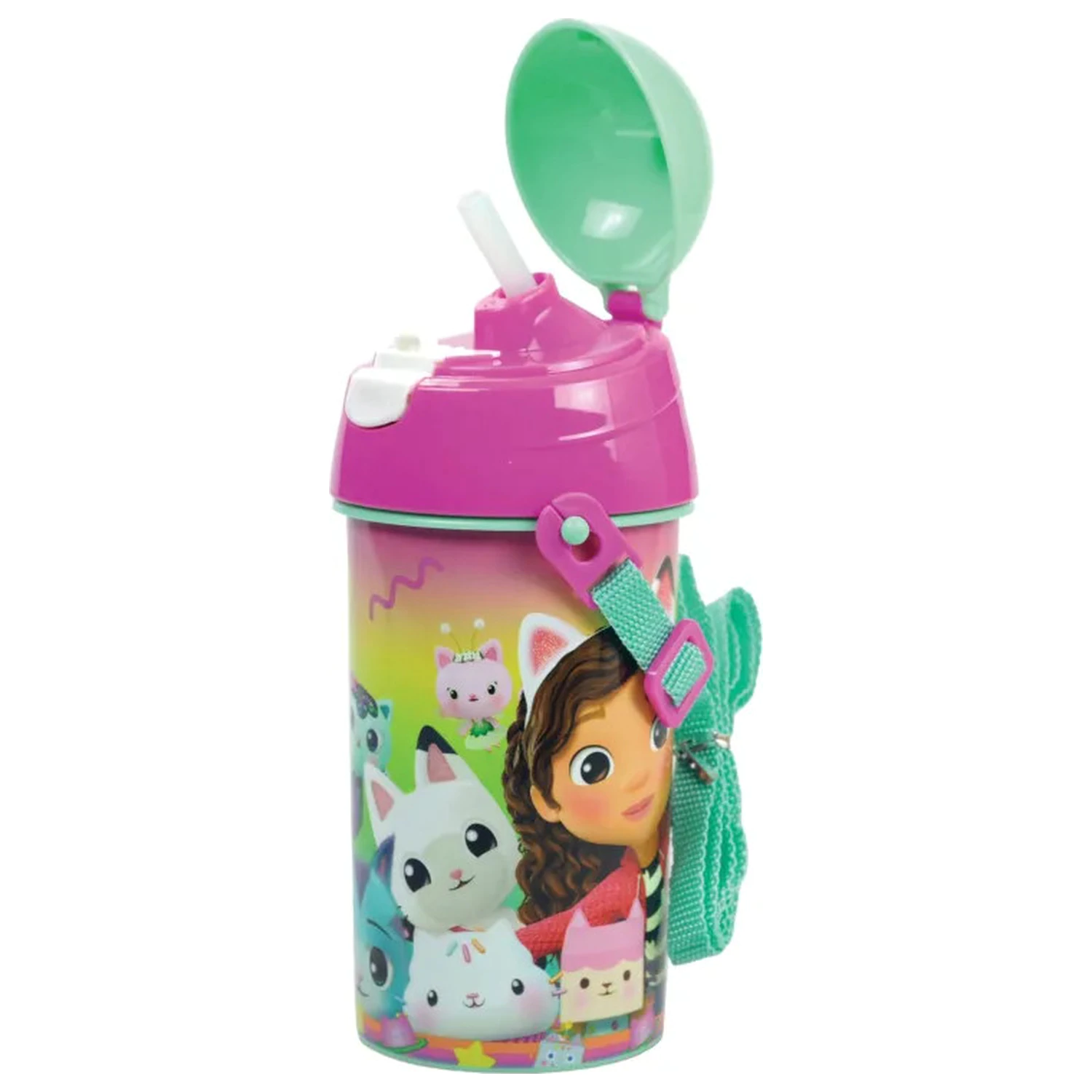 Gabby's Dollhouse plastová fľaša na vodu so slamkou s vyblednutými farbami a vešiakom 500 ml produktová fotografia