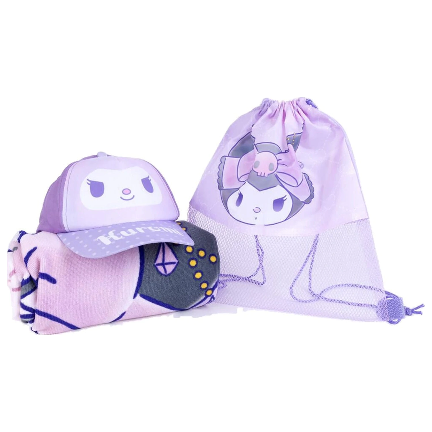 Hello Kitty Kuromi uterák, taška a šiltovka set produktová fotografia