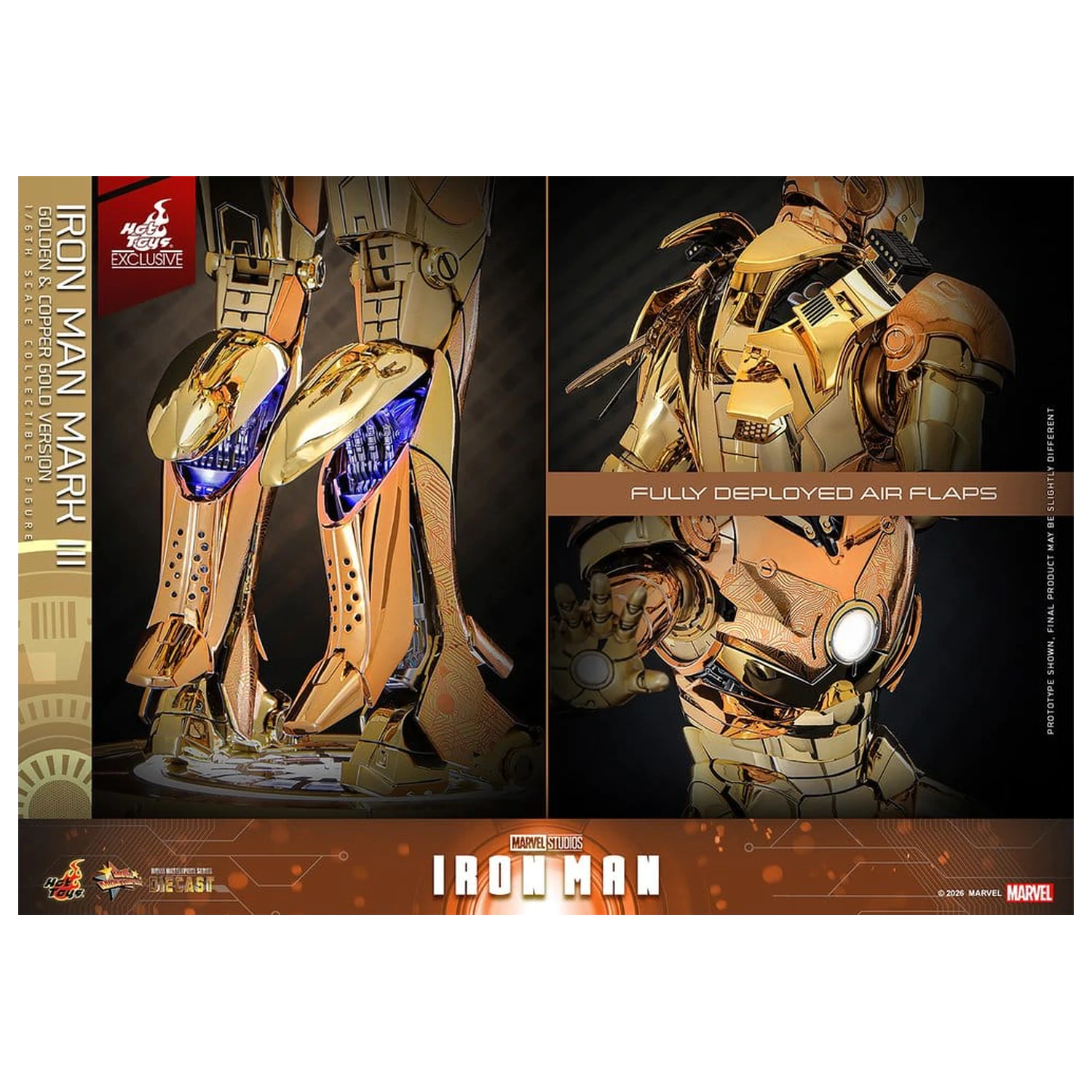 Iron Man Movie Masterpiece Diecast akčná figúrka 1/6 Iron Man Mark III (Golden & Copper Gold Version) Hot Toys Exclusive 33 cm produktová fotografia