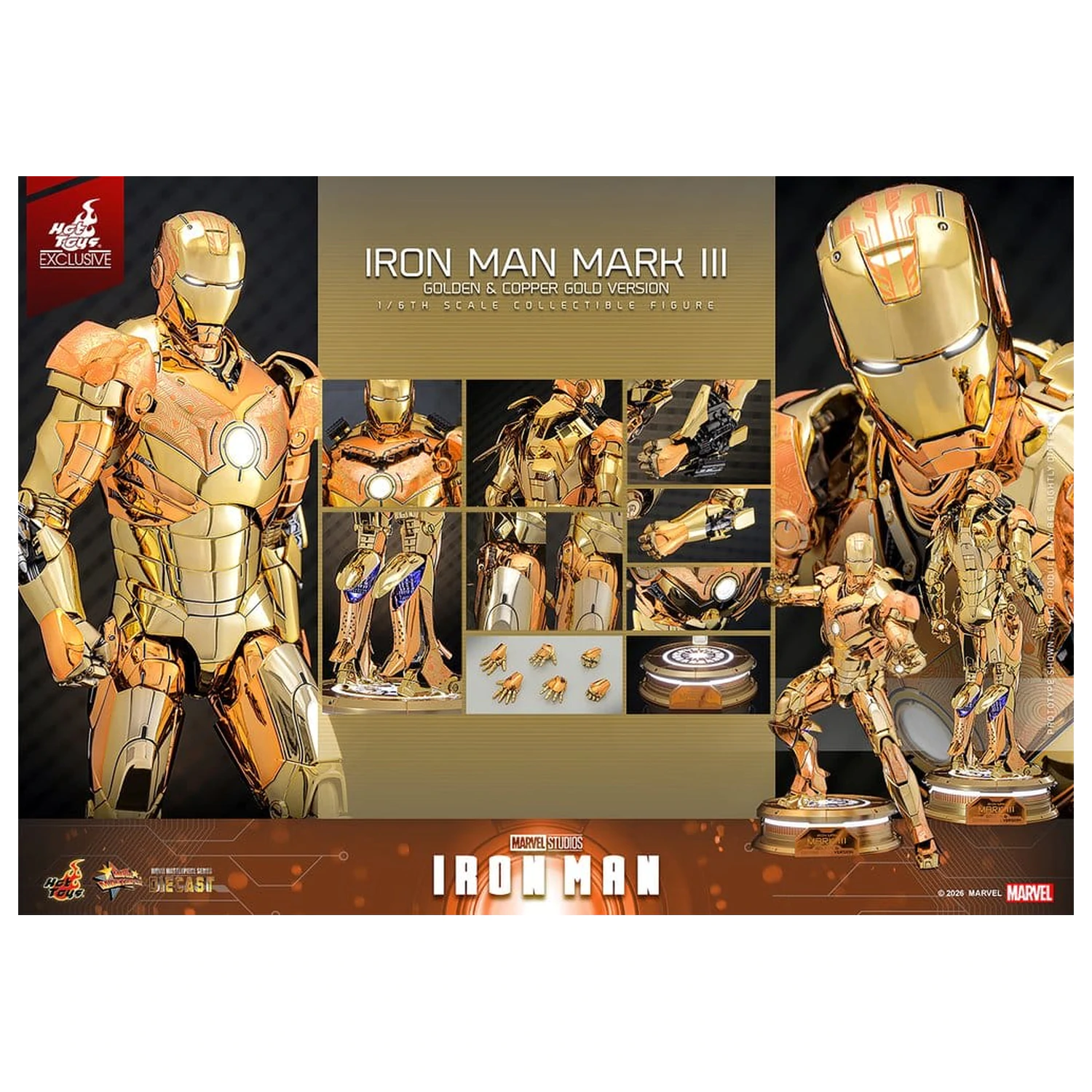 Iron Man Movie Masterpiece Diecast akčná figúrka 1/6 Iron Man Mark III (Golden & Copper Gold Version) Hot Toys Exclusive 33 cm produktová fotografia