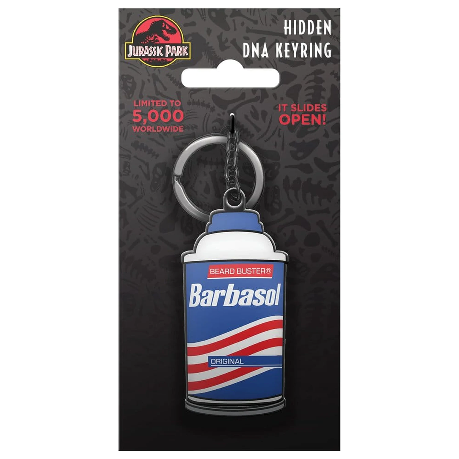 Jurassic Park kľúčenka posuvná Barbasol plechovka produktová fotografia