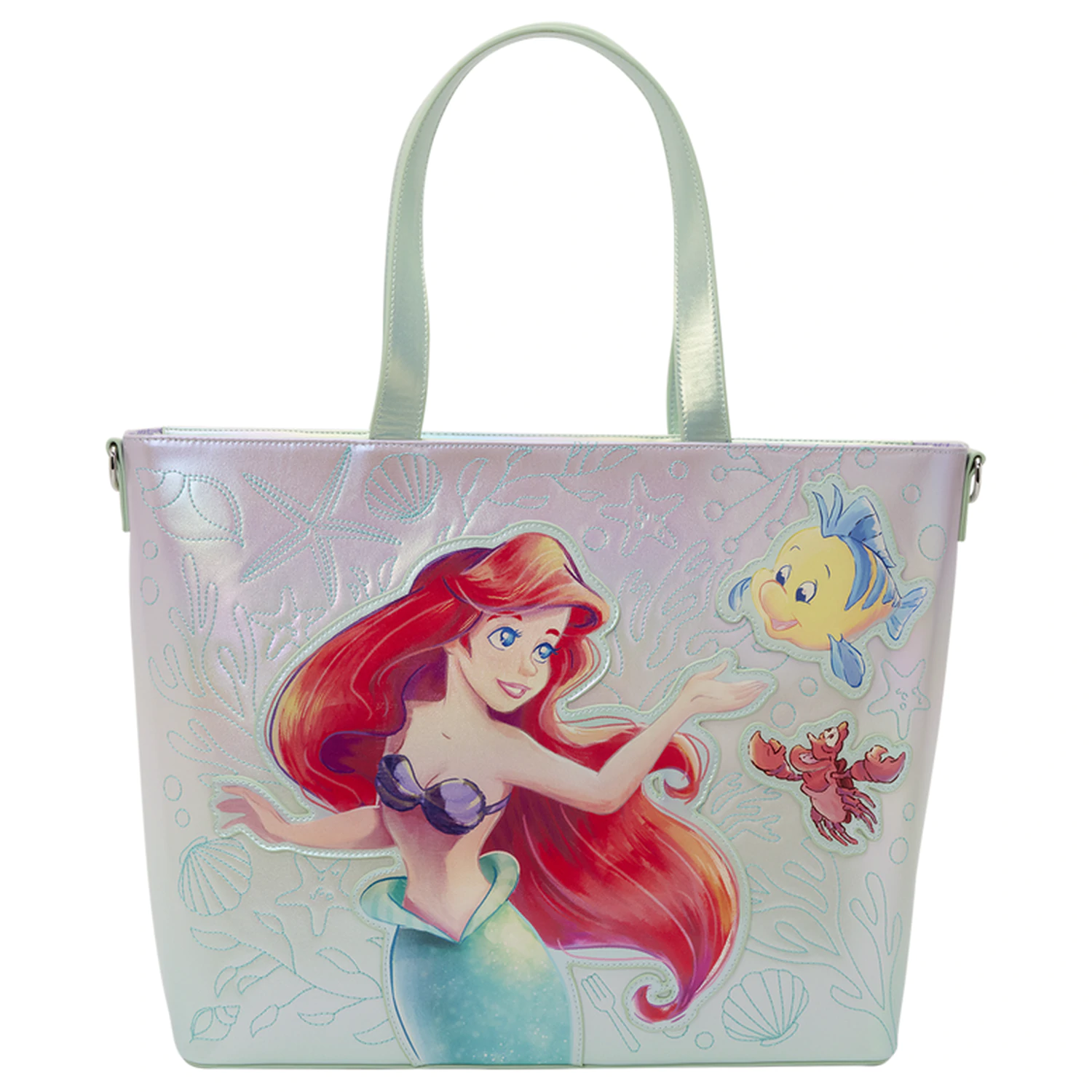 Loungefly Disney The Little Mermaid Ariel, Flounder and Sebastian tote taška s taštičkou na mince produktová fotografia