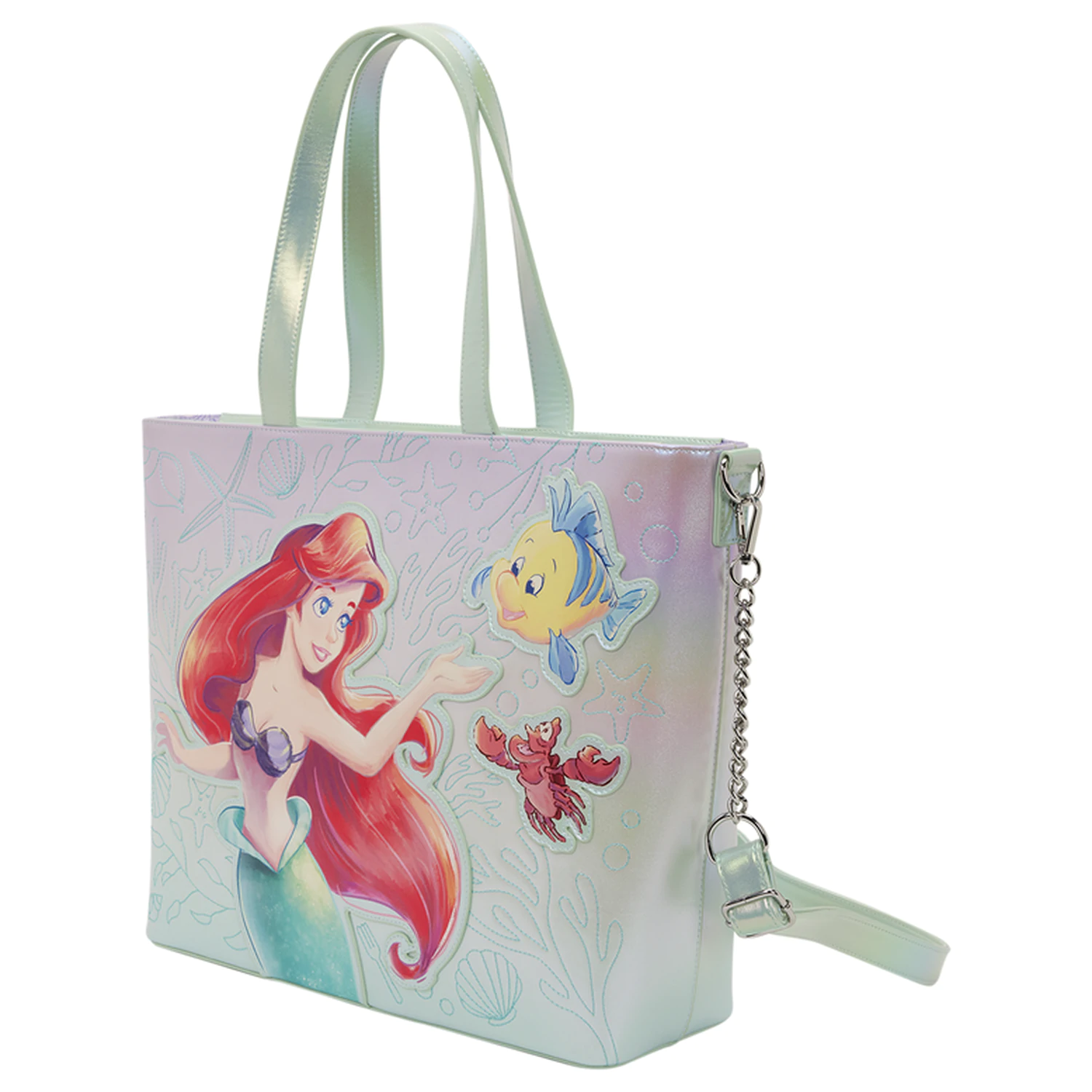 Loungefly Disney The Little Mermaid Ariel, Flounder and Sebastian tote taška s taštičkou na mince produktová fotografia