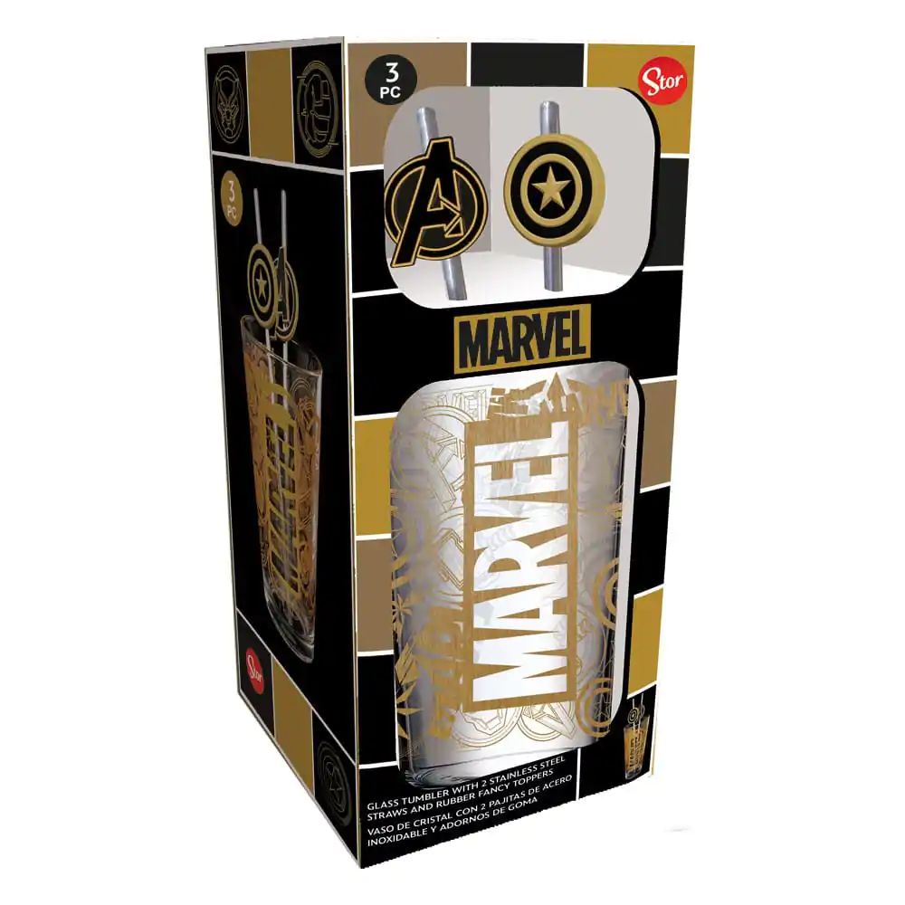 Marvel Sklenený pohár so slamkami Logo a Avengers 485 ml produktová fotografia