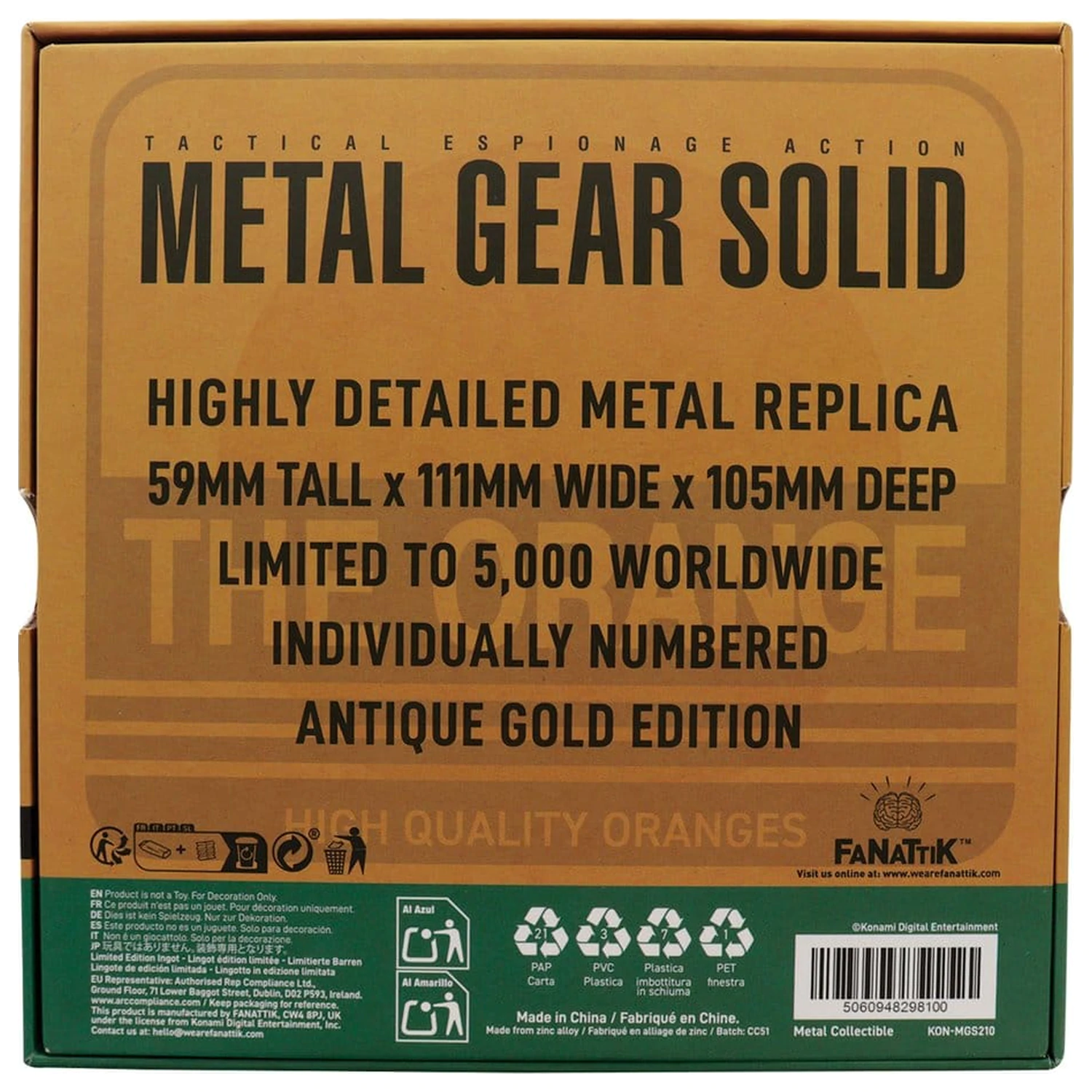 Replika Metal Gear Solid 2 kartónová krabica starožitné zlato produktová fotografia