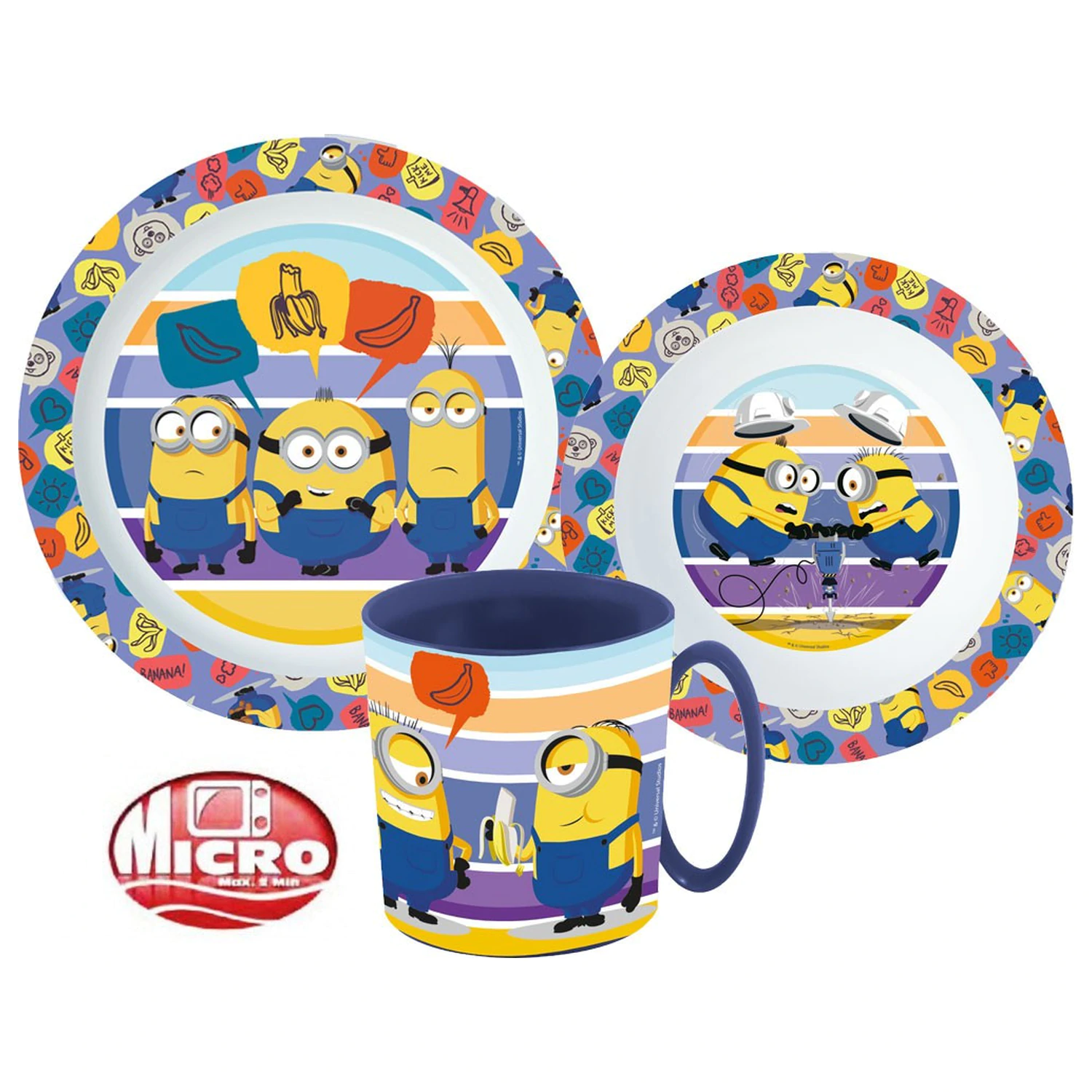 Minions pruhovaná sada riadu, mikropôvodná plastová sada s hrnčekom 350 ml produktová fotografia