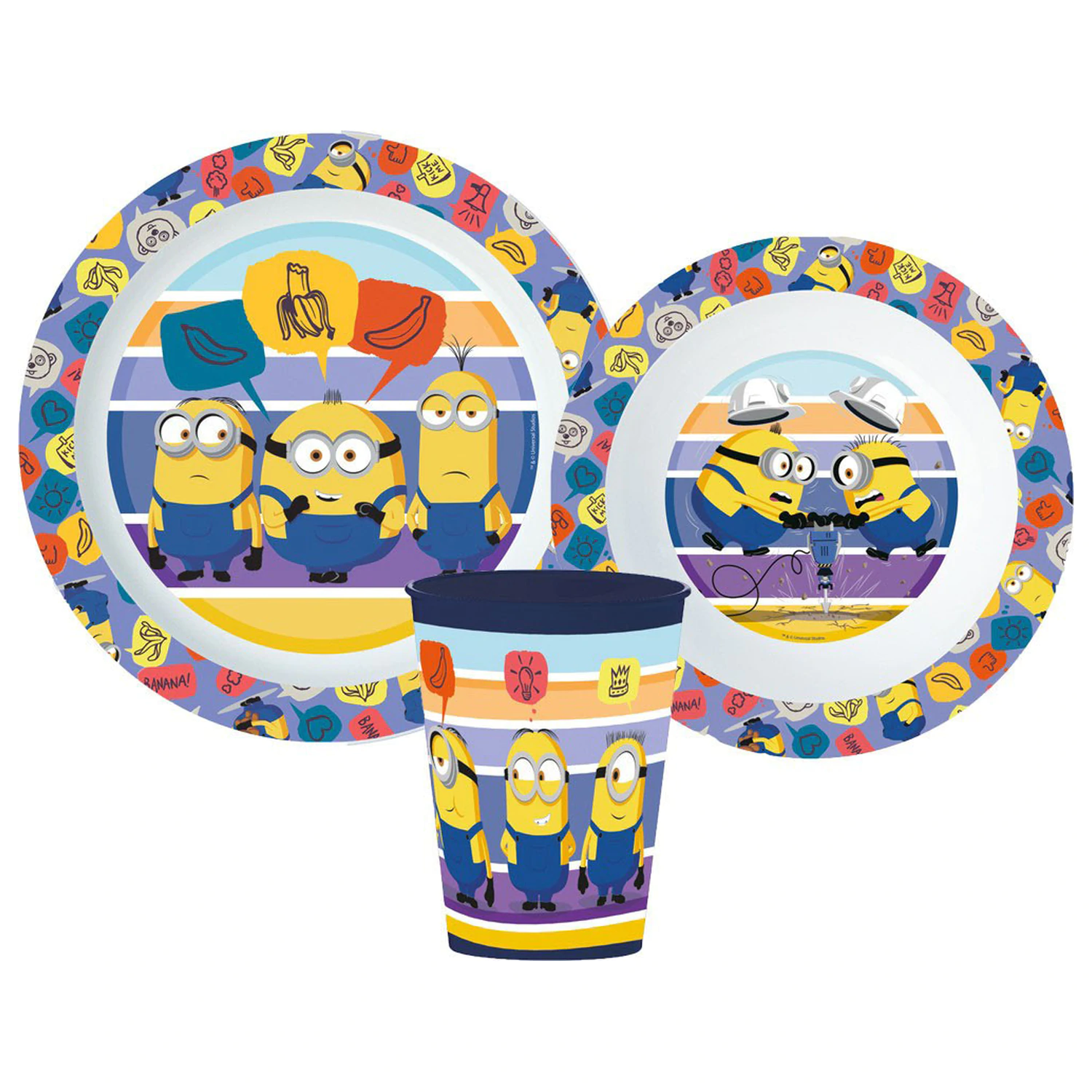 Minions pruhovaná jedálenská súprava, súprava z mikroplastu, s 260 ml pohárom produktová fotografia