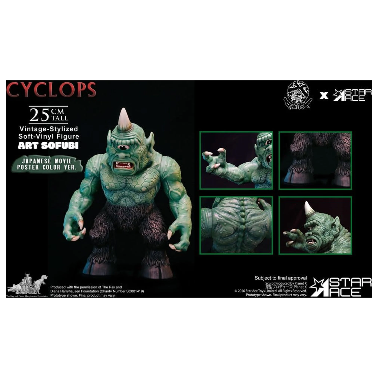Ray Harryhausen (Art Sofubi) figúrka z mäkkého vinylu Cyclops vo vintage štýle s farbou z japonského filmového plagátu, verzia 25 cm produktová fotografia