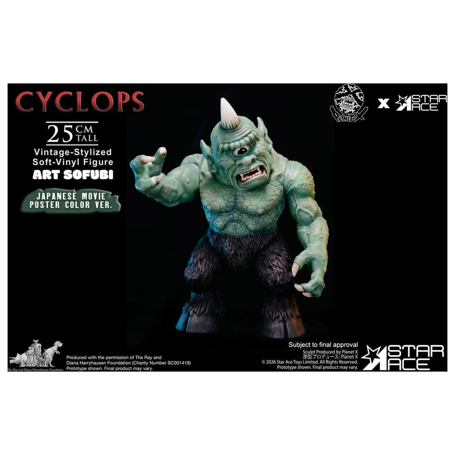 Ray Harryhausen (Art Sofubi) figúrka z mäkkého vinylu Cyclops vo vintage štýle s farbou z japonského filmového plagátu, verzia 25 cm produktová fotografia