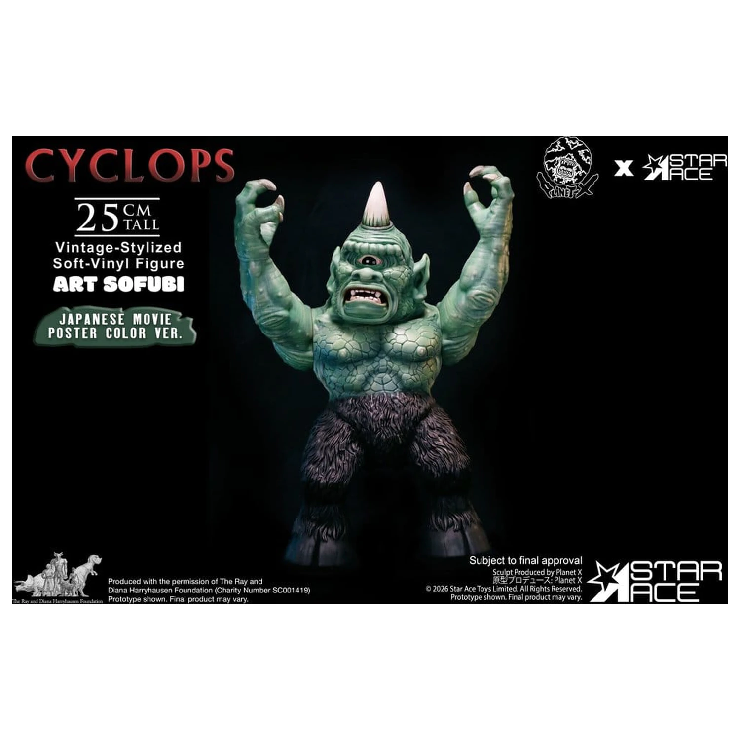 Ray Harryhausen (Art Sofubi) figúrka z mäkkého vinylu Cyclops vo vintage štýle s farbou z japonského filmového plagátu, verzia 25 cm produktová fotografia