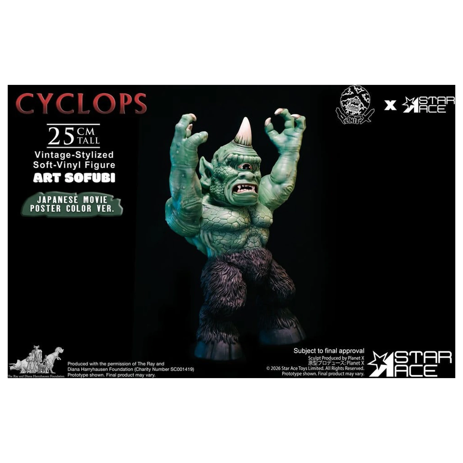 Ray Harryhausen (Art Sofubi) figúrka z mäkkého vinylu Cyclops vo vintage štýle s farbou z japonského filmového plagátu, verzia 25 cm produktová fotografia