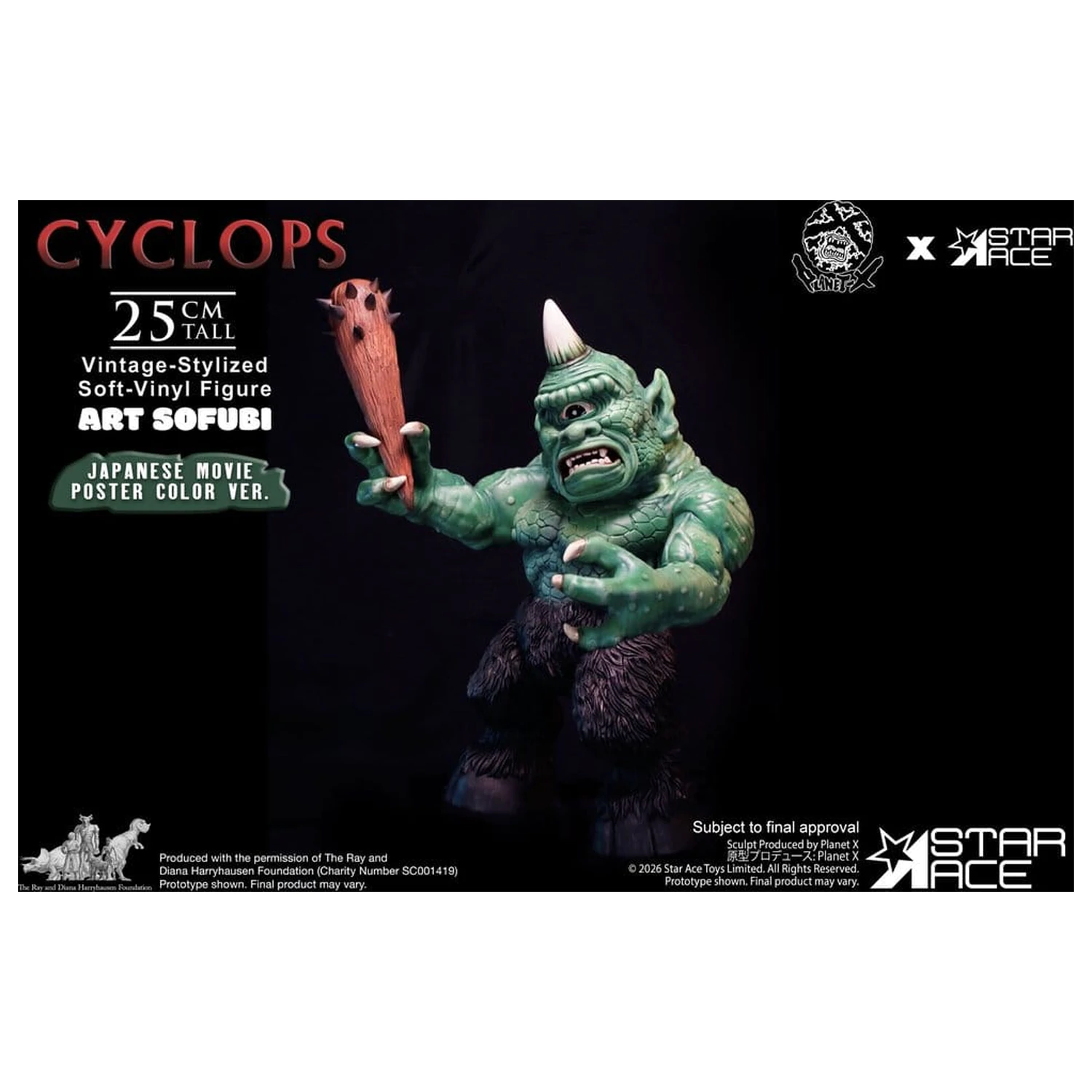 Ray Harryhausen (Art Sofubi) figúrka z mäkkého vinylu Cyclops vo vintage štýle s farbou z japonského filmového plagátu, verzia 25 cm produktová fotografia
