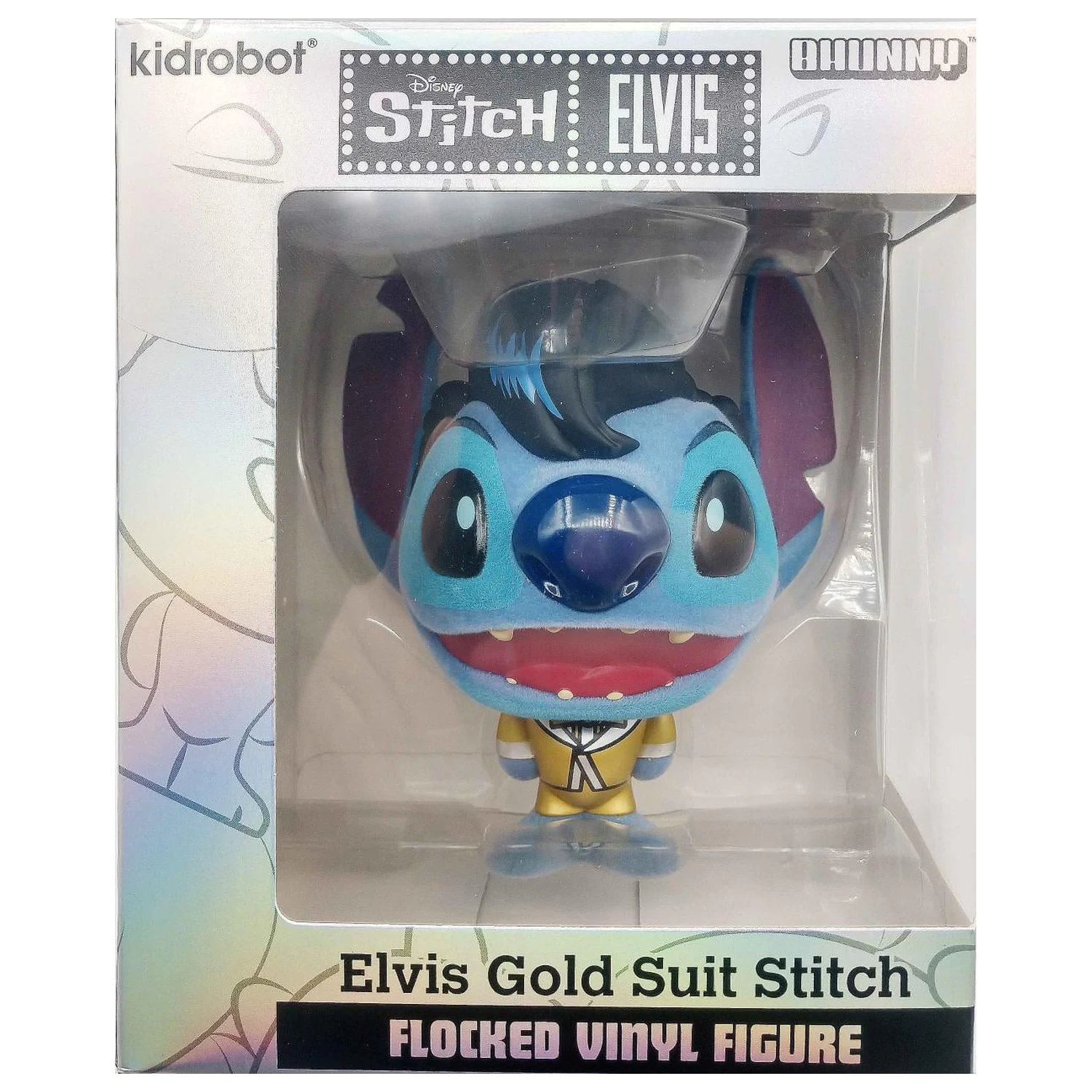 Stitch Elvis Gold Suit Bhunny Flocked vinylová figúrka produktová fotografia
