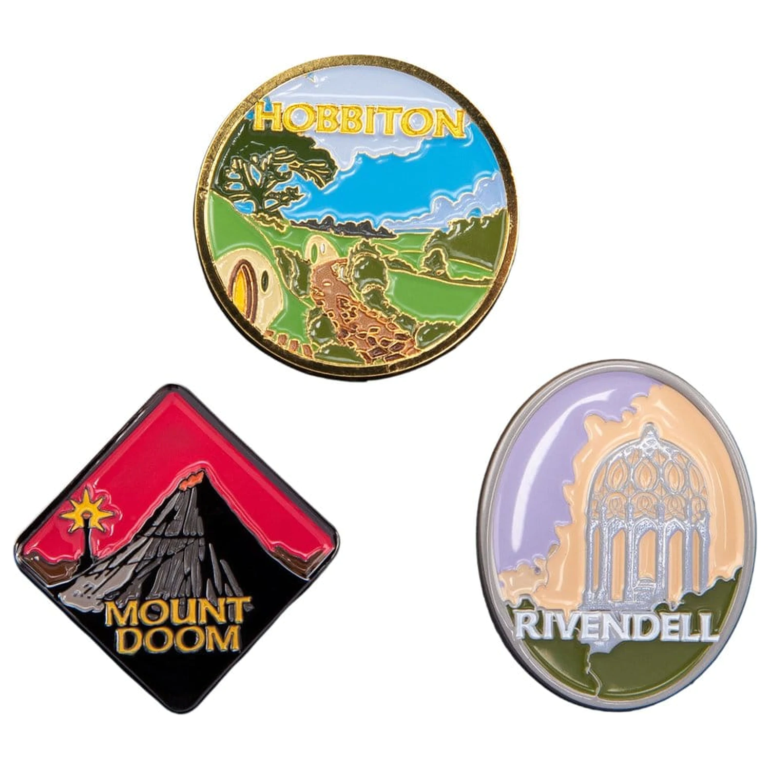 Sada odznakov The Lord of the Rings Trilogy Hobbiton, Rivendell & Mount Doom produktová fotografia