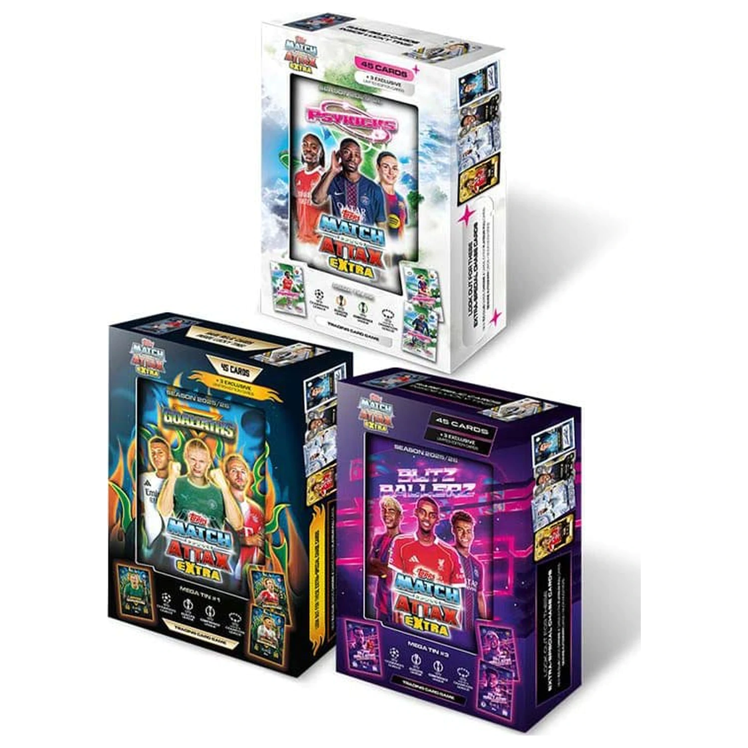 UEFA Champions League Match Attax Extra zberateľské karty 2025/26 Mega plechovka produktová fotografia