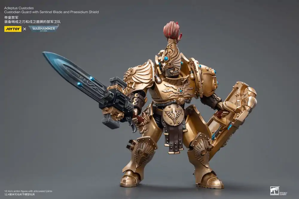 Warhammer 40k akčná figúrka 1/18 Adeptus Custodes Custodian Guard s Sentinel Blade a Praesidium Shield produktová fotografia