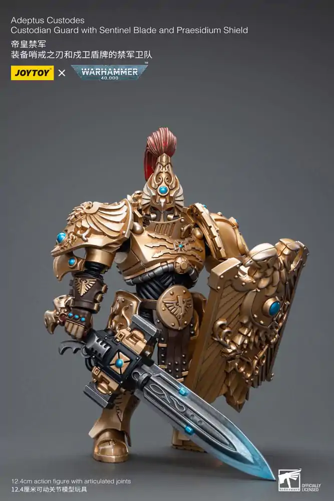 Warhammer 40k akčná figúrka 1/18 Adeptus Custodes Custodian Guard s Sentinel Blade a Praesidium Shield produktová fotografia