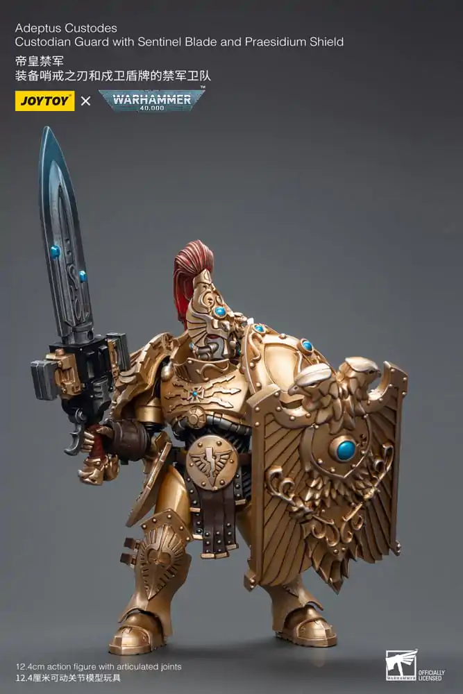 Warhammer 40k akčná figúrka 1/18 Adeptus Custodes Custodian Guard s Sentinel Blade a Praesidium Shield produktová fotografia