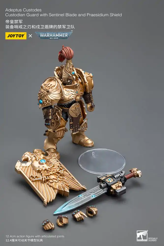 Warhammer 40k akčná figúrka 1/18 Adeptus Custodes Custodian Guard s Sentinel Blade a Praesidium Shield produktová fotografia