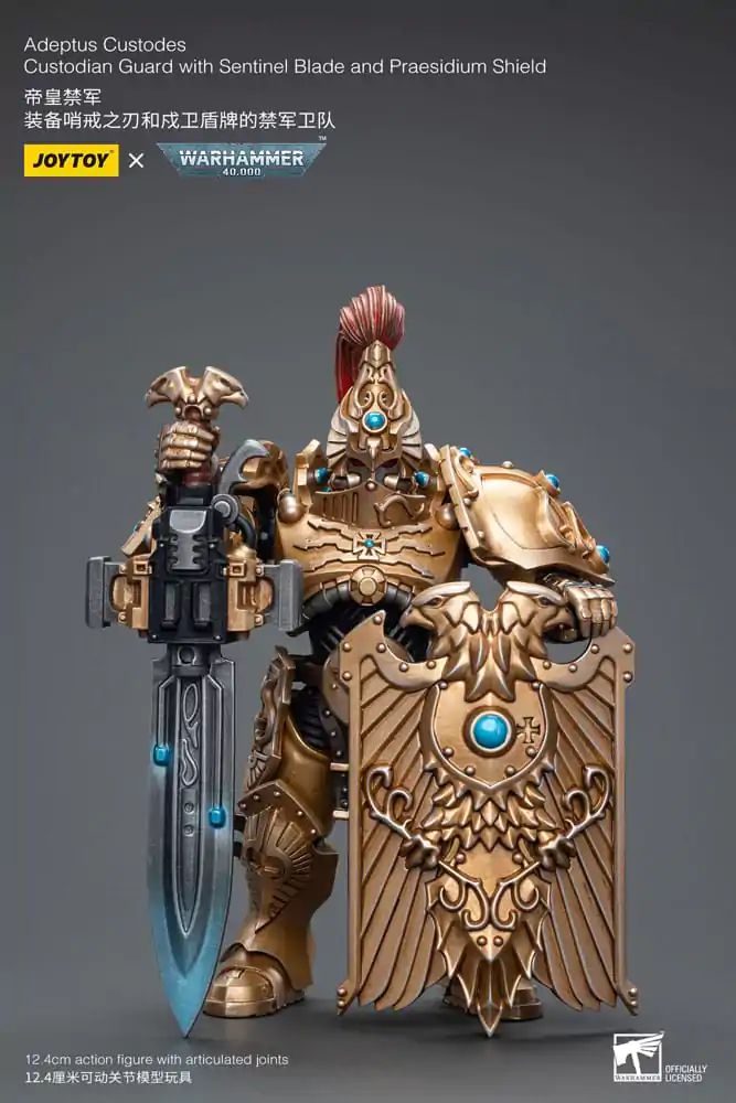Warhammer 40k akčná figúrka 1/18 Adeptus Custodes Custodian Guard s Sentinel Blade a Praesidium Shield produktová fotografia