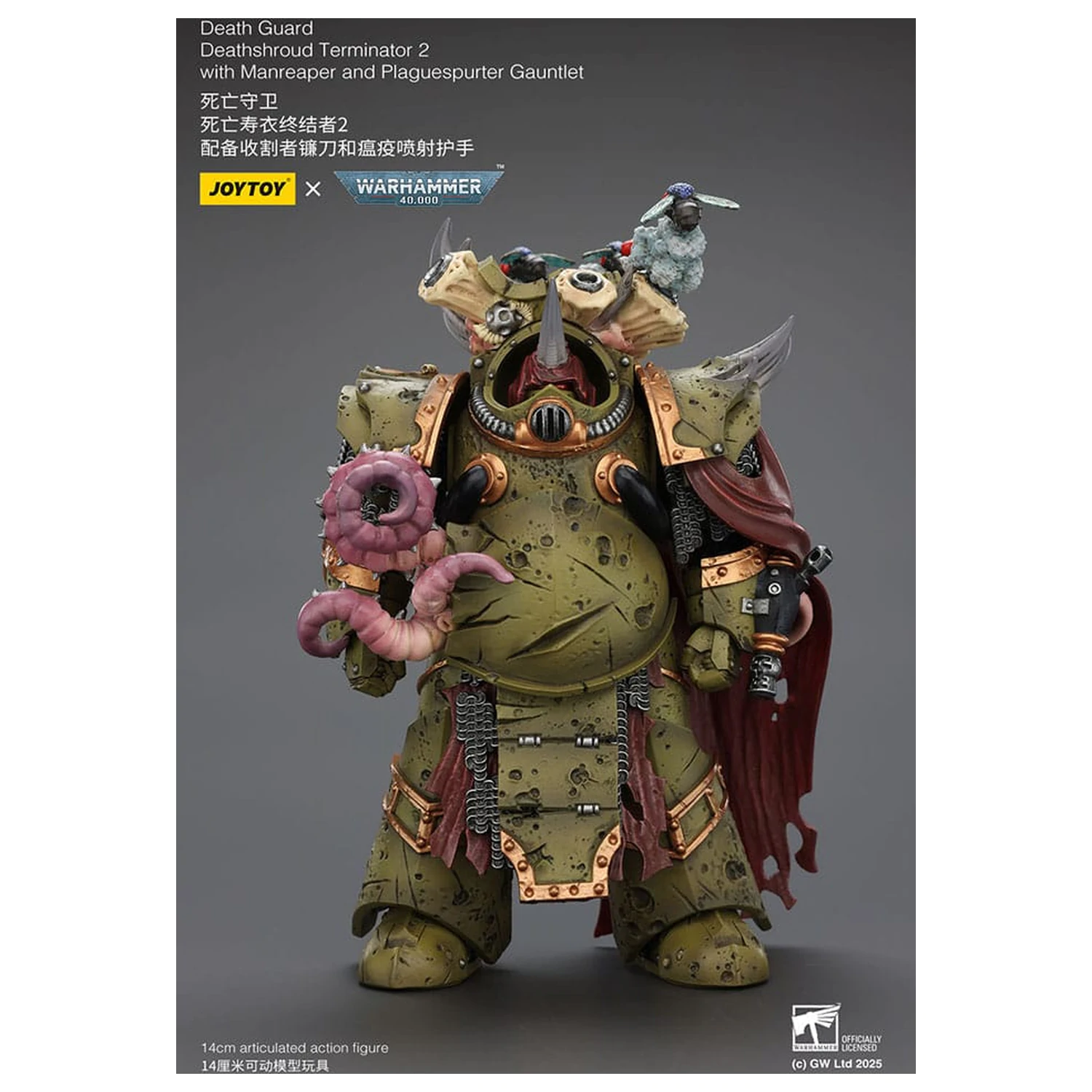 Warhammer 40k akčná figúrka 1/18 Death Guard Deathshroud Terminator 2 s Manreaper a Plaguespurter Gauntlet 14 cm produktová fotografia