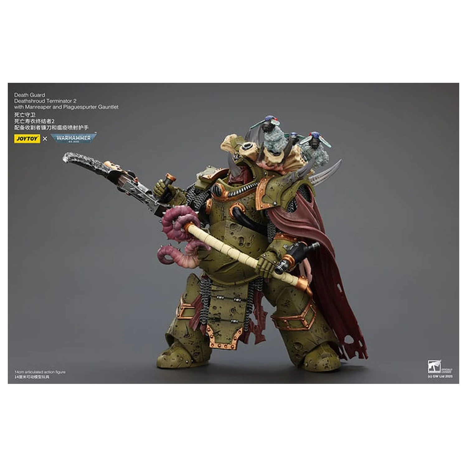 Warhammer 40k akčná figúrka 1/18 Death Guard Deathshroud Terminator 2 s Manreaper a Plaguespurter Gauntlet 14 cm produktová fotografia