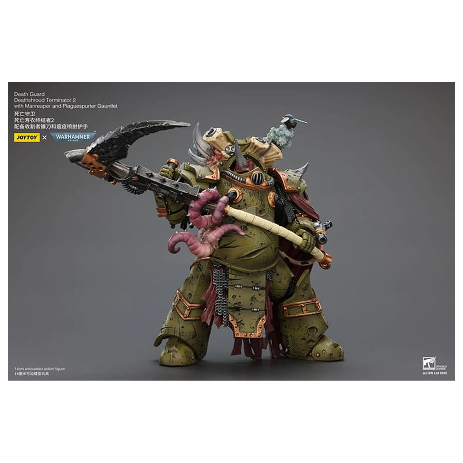 Warhammer 40k akčná figúrka 1/18 Death Guard Deathshroud Terminator 2 s Manreaper a Plaguespurter Gauntlet 14 cm produktová fotografia